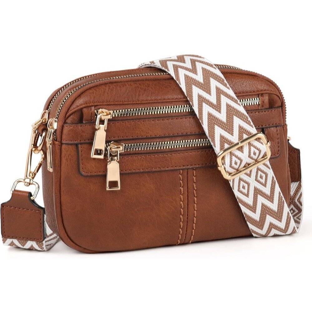 6-Pocket Crossbody Bags for Women, Vegan Leather Shoulder Handbags Brown Travel